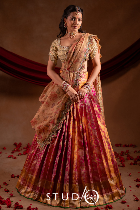 Ivory and Reddish pink Bridal Kanjivaram Half Saree | Bridal & Engagement Wear by Studio 149, Chennai