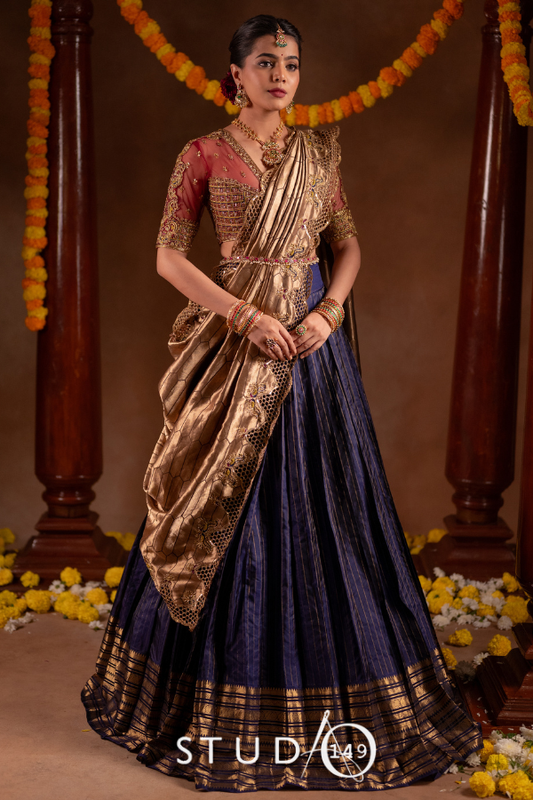 Brown Gold and Midnight Blue Bridal Kanjivaram Half Saree | Bridal & Engagement Wear by Studio 149, Chennai