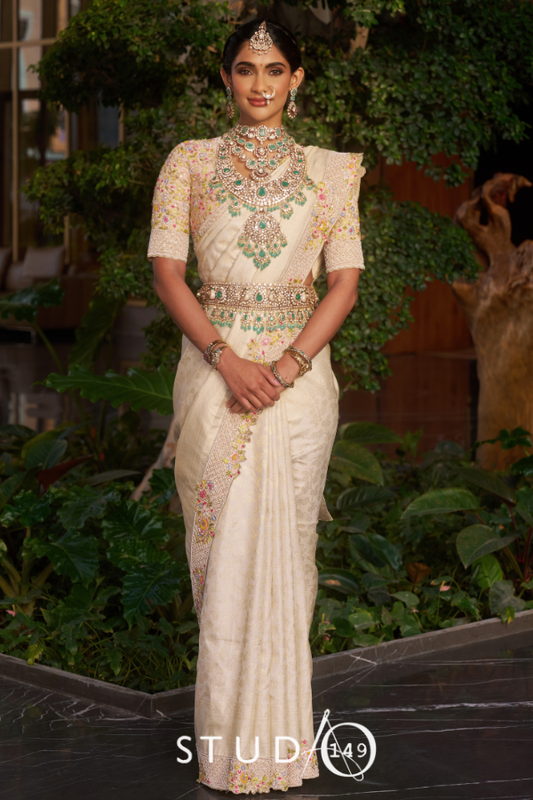 White Bridal Muhurtam Saree | Bridal Engagement and reception wear by Studio149, chennai