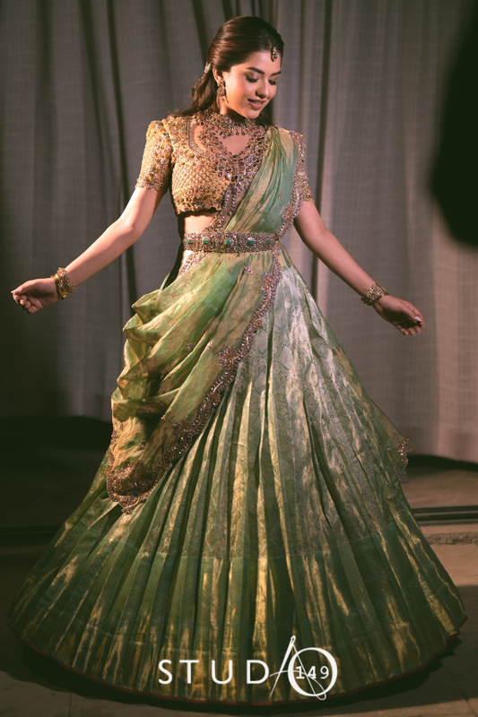 Green and Yellow Bridal Kanjivaram Half Saree | Bridal & Engagement Wear by Studio 149, Chennai