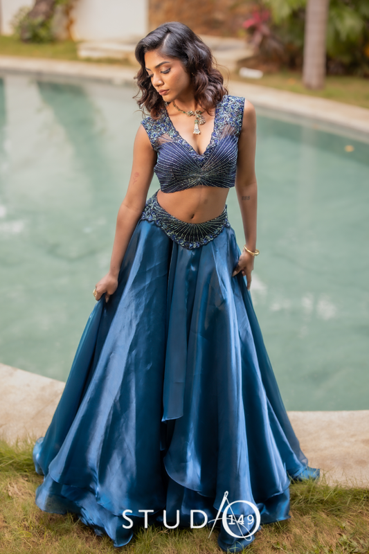 Blue Designer Croptop Skirt set | Bridal wear for Cocktail/ Sangeet in Chennai by Studio149