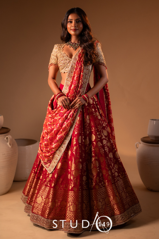 Banarasi lehenga in red | Bridal / Reception Wear by Studio 149, Chennai
