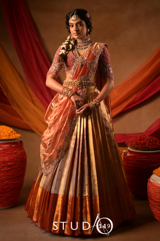 Kanjeevaram half saree in rust & gold | Bridal / Engagement wear by Studio 149, Chennai