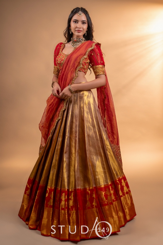 BRIDAL KANJEEVARAM HALF SAREE IN GOLD & RED