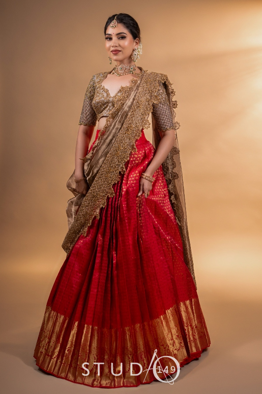 BRIDAL KANJEEVARAM HALF SAREE IN GREY & RED