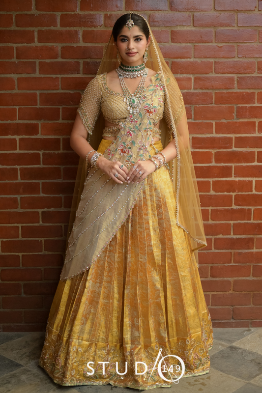 Kanjeevaram half saree in off-white & gold | Bridal / Engagement wear by Studio 149, Chennai