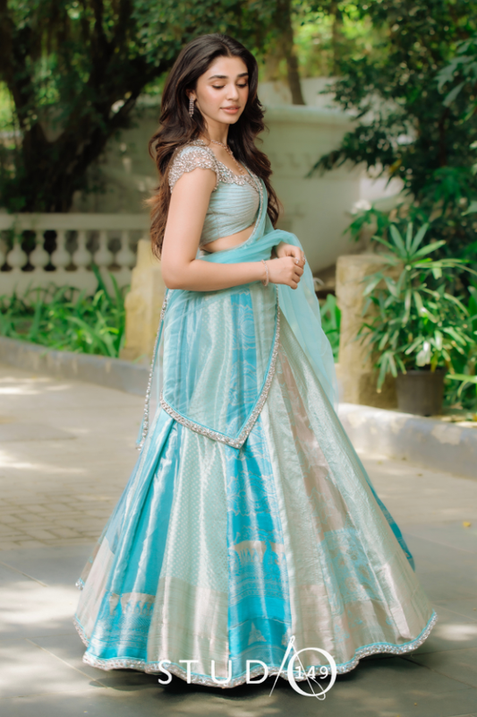 Kanjeevaram multi panelled lehenga in blue | Wedding / Engagement wear by Studio149