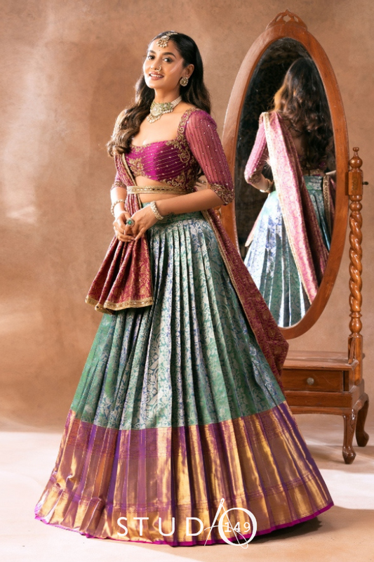 BRIDAL KANJEEVARAM HALF SAREE IN PURPLE AND BLUE