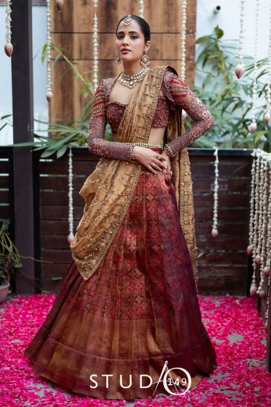 Contemporary Classic in Burgundy & Gold | Kanjeevaram Half sari | Bridal / Engagement Wear by Studio 149, Chennai.