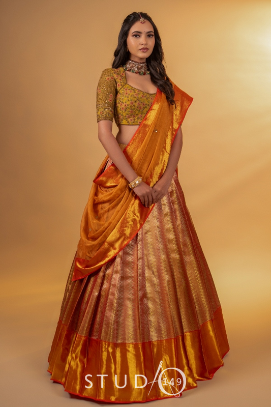 BRIDAL KANJEEVARAM HALF SAREE IN MUSTARD & RUST