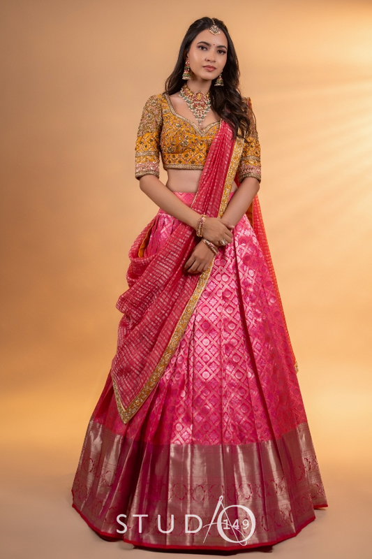 BRIDAL KANJEEVARAM HALF SAREE IN MUSTARD & PINK