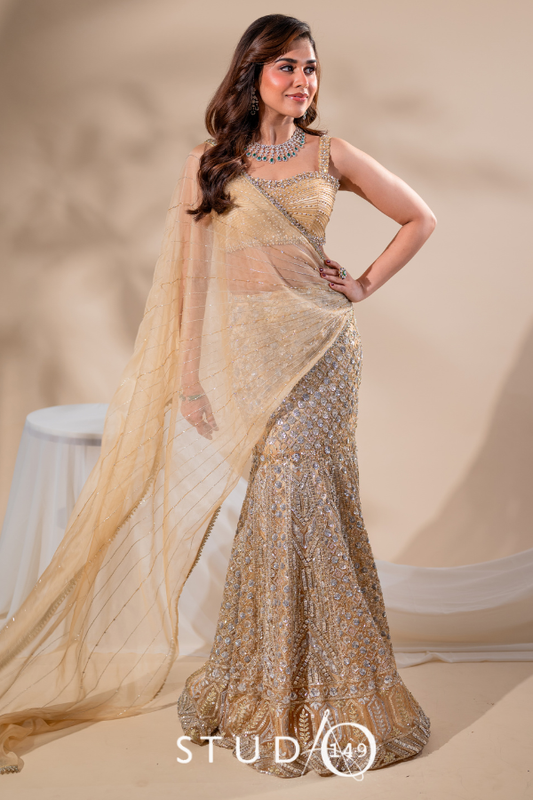 Light Gold Fit & Flare Lehenga | Reception / Bridal wear by Studio149, Chennai