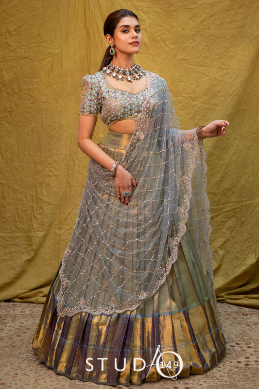 Grey Bridal Kanjeevaram Half Saree | Bridal & Engagement Wear by Studio 149, Chennai