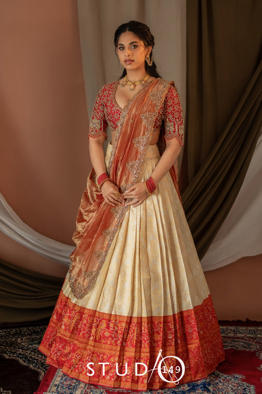 Kanjeevaram half saree in red & white | Bridal / Engagement wear by Studio 149, Chennai