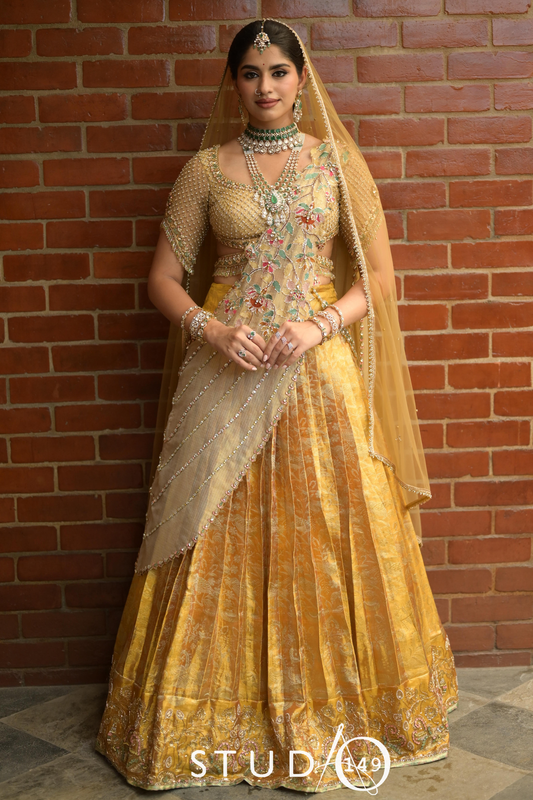 Kanjeevaram half saree in gold | Bridal / Engagement wear by Studio 149, Chennai