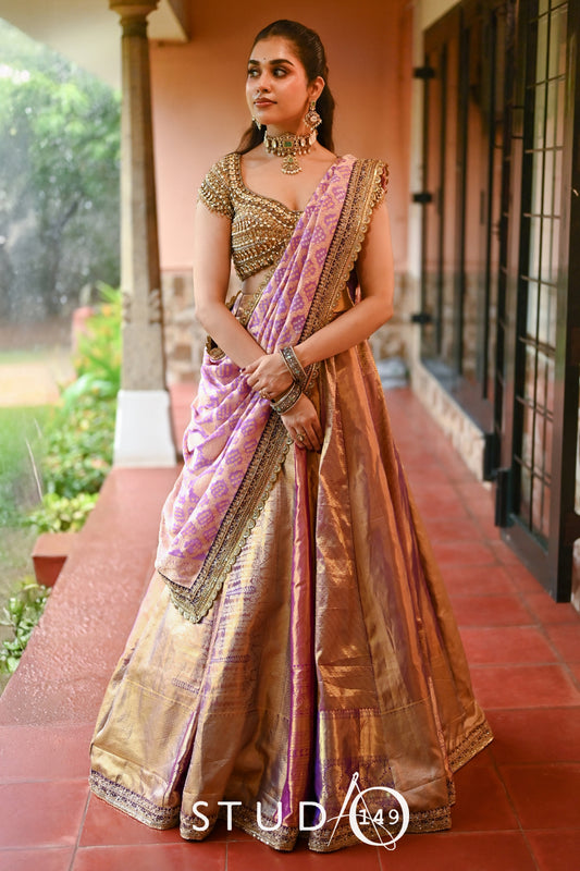 Kanjeevaram multi- panel lehenga in purple | Engagement / Bridal wear by Studio149, Chennai