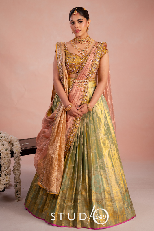 Kanjeevaram half saree in green & mustard | Bridal / Engagement wear by Studio 149, Chennai