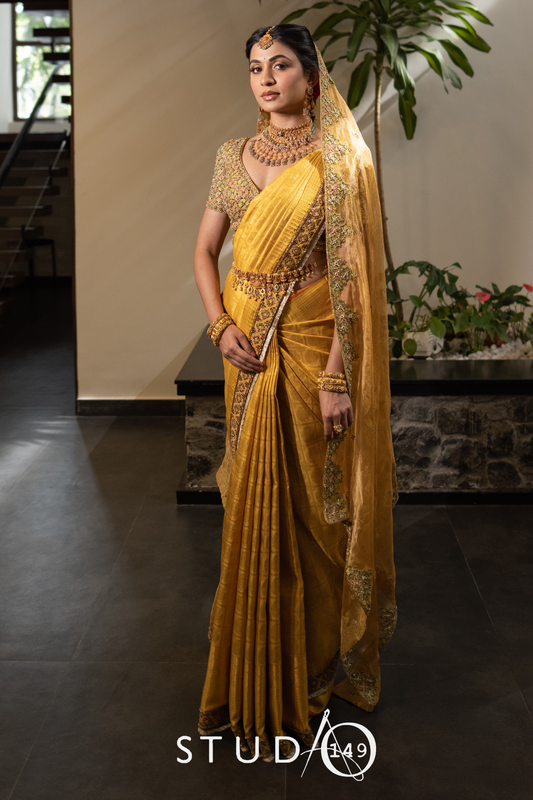 Kanjeevaram muhurtam saree in yellow | Bridal wear by Studio 149, Chennai