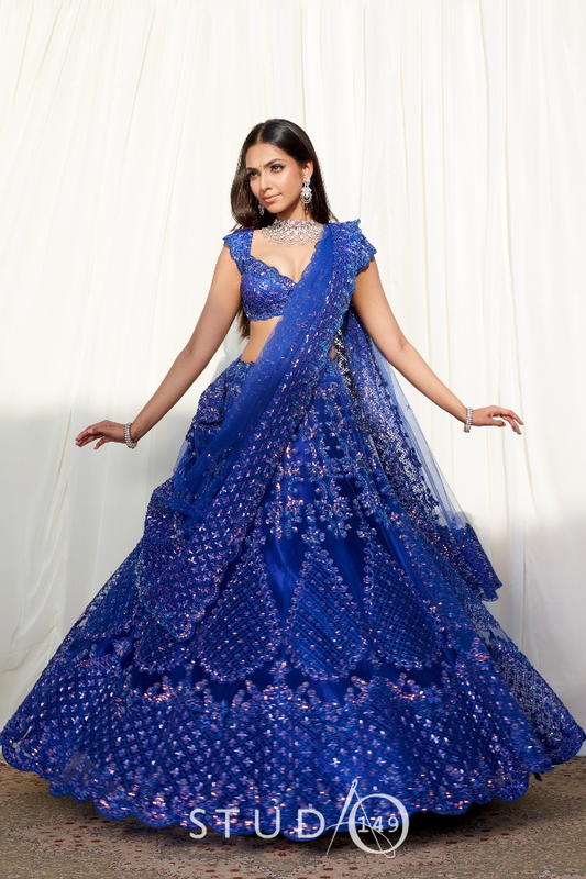 BRIDAL TULLE LEHENGA IN BLUE