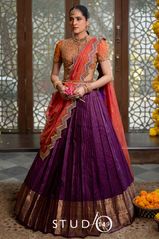 Purple and Rust Bridal Kanjeevaram Half Saree | Bridal & Engagement Wear by Studio 149, Chennai