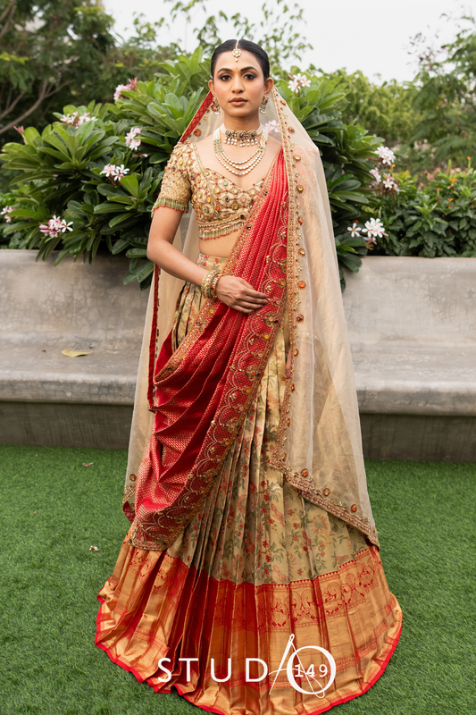 Kanjeevaram half saree in off-white & red | Bridal / Engagement wear by Studio 149, Chennai