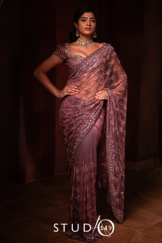 CONTEMPORARY DESIGNER TULLE SAREE IN MAUVE