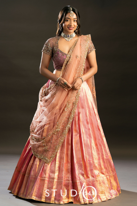 BRIDAL KANJEEVARAM HALF SAREE IN PEACH AND MAUVE