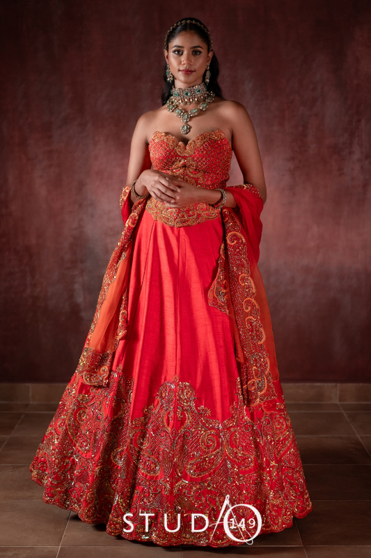 Orange Corset Lehenga | Bridal wear for Reception/ Wedding / Cocktail by STUDIO149, Chennai