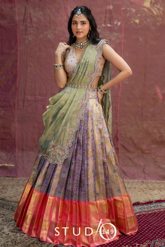 Lilac and Green Bridal Kanjeevaram Half Saree | Bridal & Engagement Wear by Studio 149, Chennai
