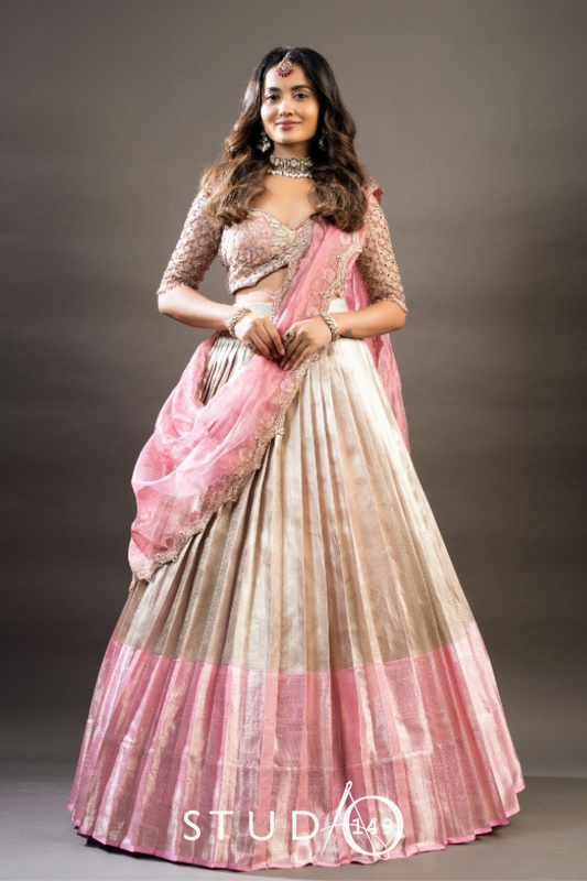 BRIDAL KANJEEVARAM HALF SAREE IN SILVER AND PINK