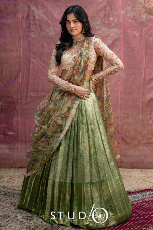 Green Bridal Kanjeevaram Half Saree | Bridal & Engagement Wear by Studio 149, Chennai