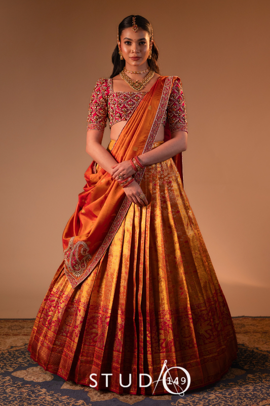 Kanjeevaram half saree in pink & orange | Bridal / Engagement wear by Studio 149, Chennai