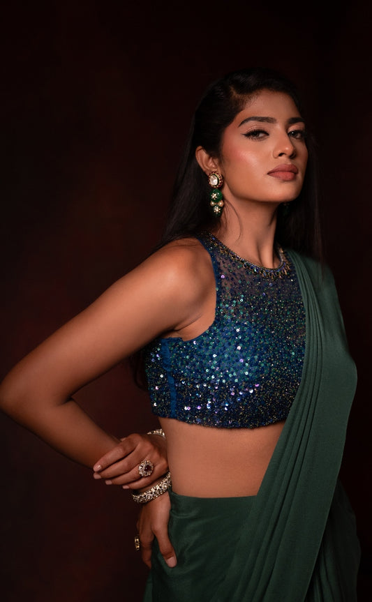 DESIGNER DRAPED SAREE IN TEAL GREEN