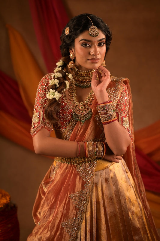 Kanjeevaram half saree in rust & gold | Bridal / Engagement wear by Studio 149, Chennai
