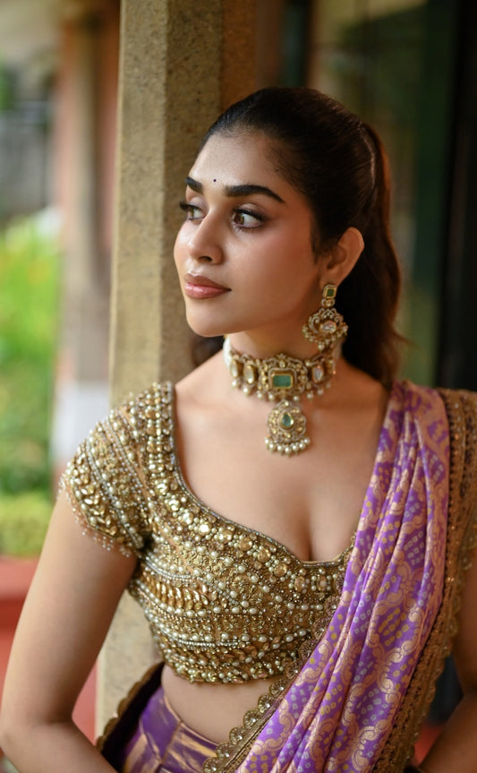Kanjeevaram multi- panel lehenga in purple | Engagement / Bridal wear by Studio149, Chennai