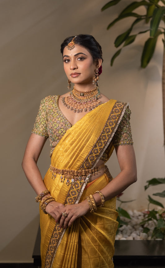 Kanjeevaram muhurtam saree in yellow | Bridal wear by Studio 149, Chennai