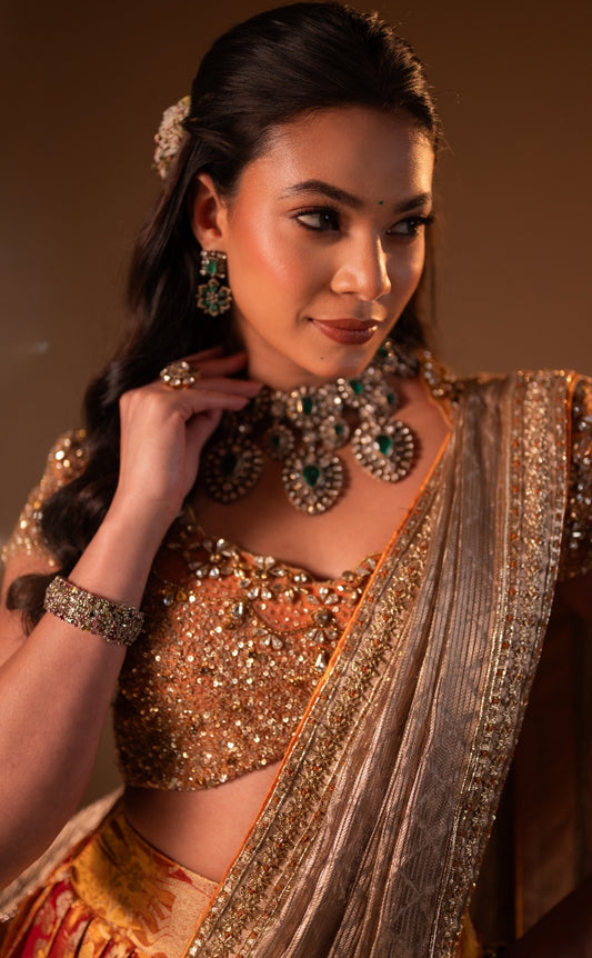 Kanjeevaram half saree in rust orange | Bridal / Engagement wear by Studio 149, Chennai