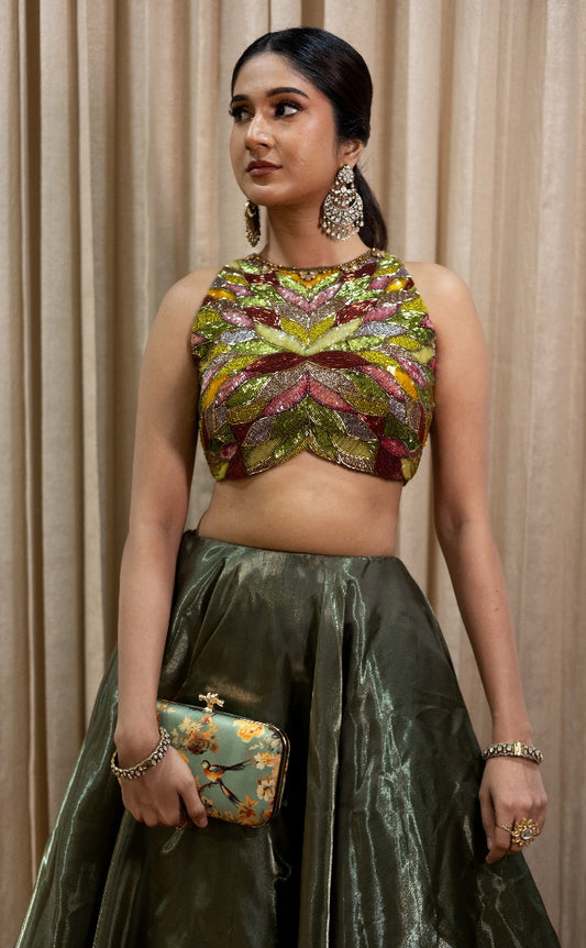 DESIGNER CROPTOP AND SKIRT IN GREEN