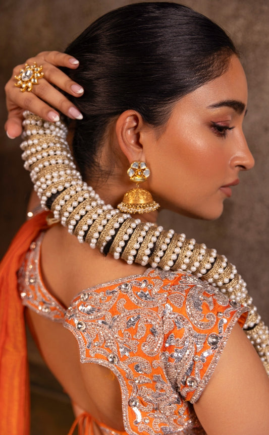 BRIDAL PANELLED RAW SILK LEHENGA IN MULTICOLOUR