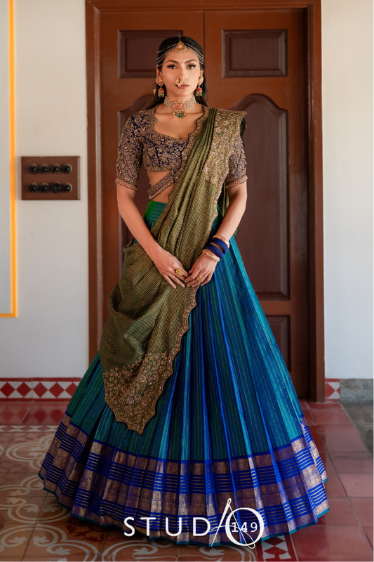 BRIDAL KANJEEVARAM HALF SAREE IN ROYAL BLUE AND PEACOCK GREEN
