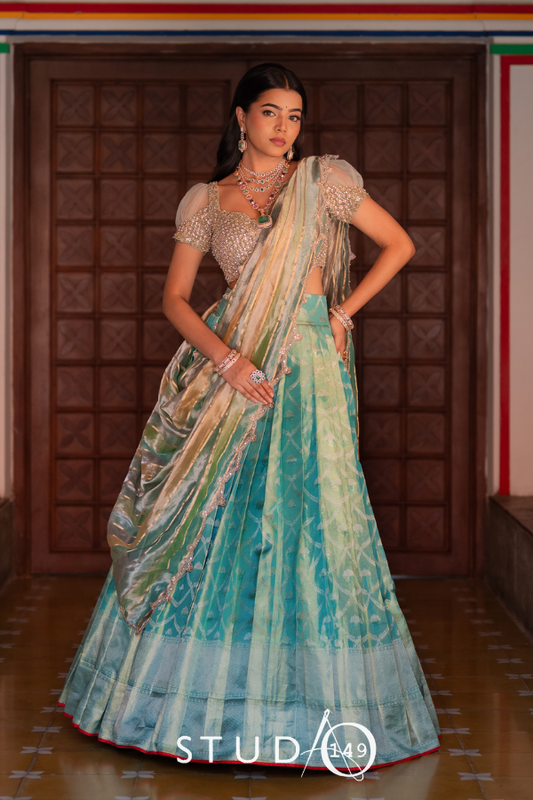 BRIDAL KANJEEVARAM HALF SAREE IN PASTEL BLUE AND GREEN
