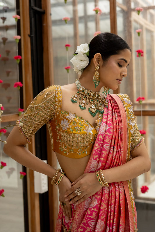 BRIDAL BANARASI SAREE IN PINK & ORANGE