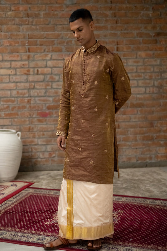 DESIGNER KURTA AND VESHTI SET IN BROWN