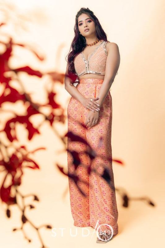 PEACH PRINTED DESIGNER OUTFIT