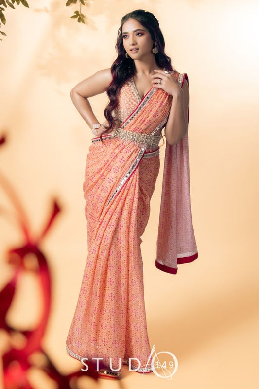DESIGNER PRINTED PEACH SAREE