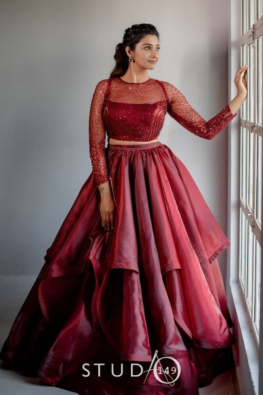 DESIGNER RECEPTION GOWN IN BURGUNDY