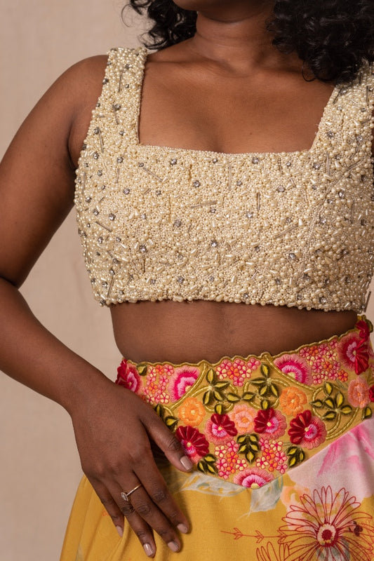 PRINTED EMBELLISHED CROP TOP & SKIRT IN LIME