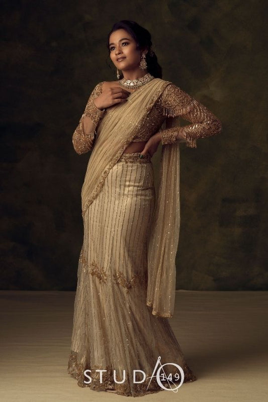 CONTEMPORARY DESIGNER WEDDING SAREE IN GOLD