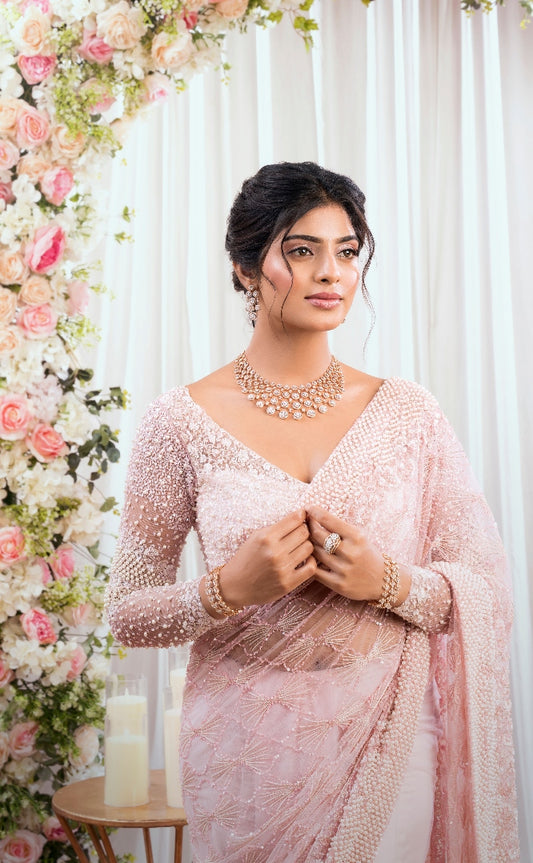 CONTEMPORARY DESIGNER TULLE SAREE IN BLUSH PINK