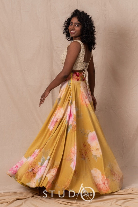 PRINTED EMBELLISHED CROP TOP & SKIRT IN LIME